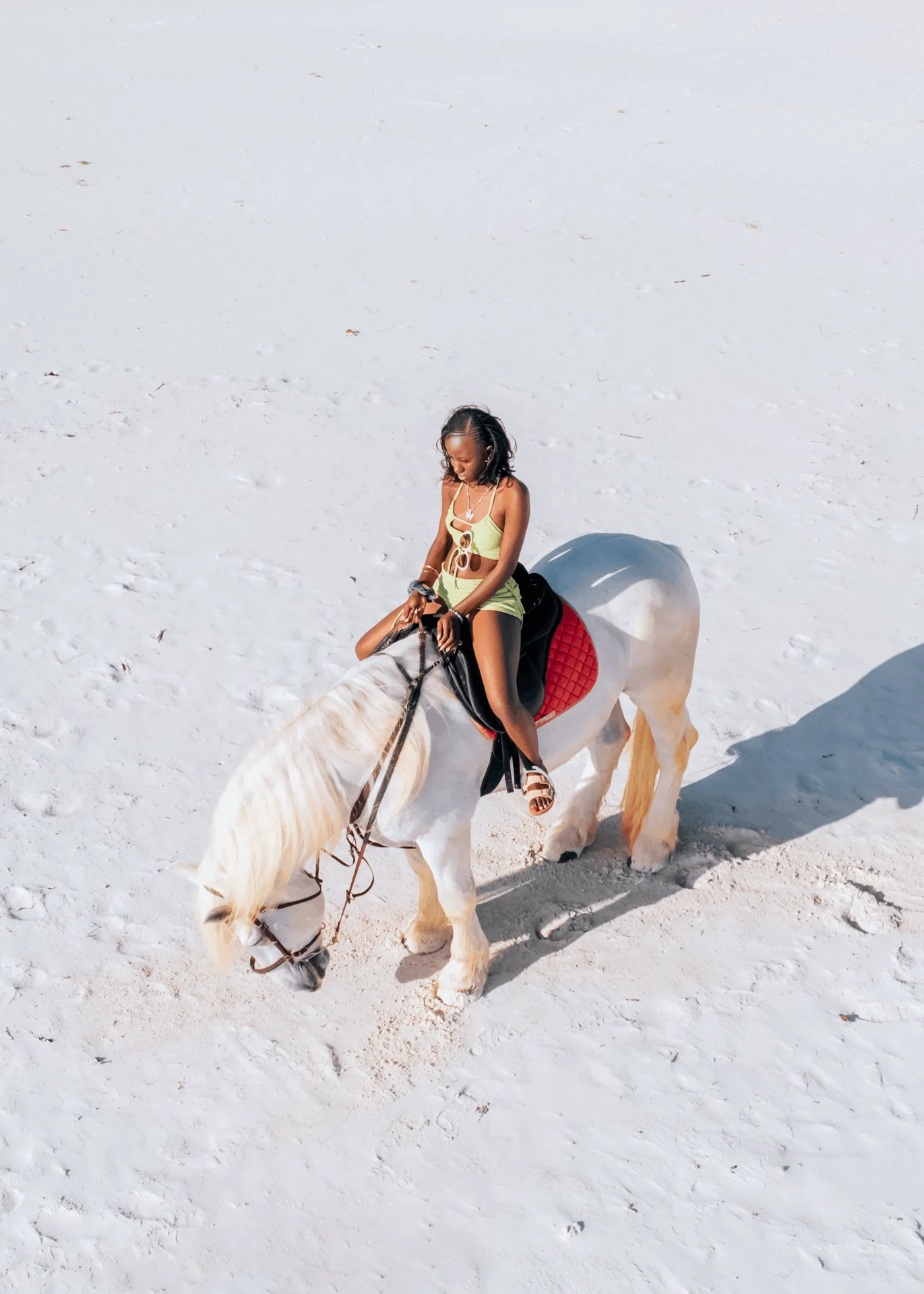 Golden-hour drone shot on white sand, horse riding photography in Zanzibar
