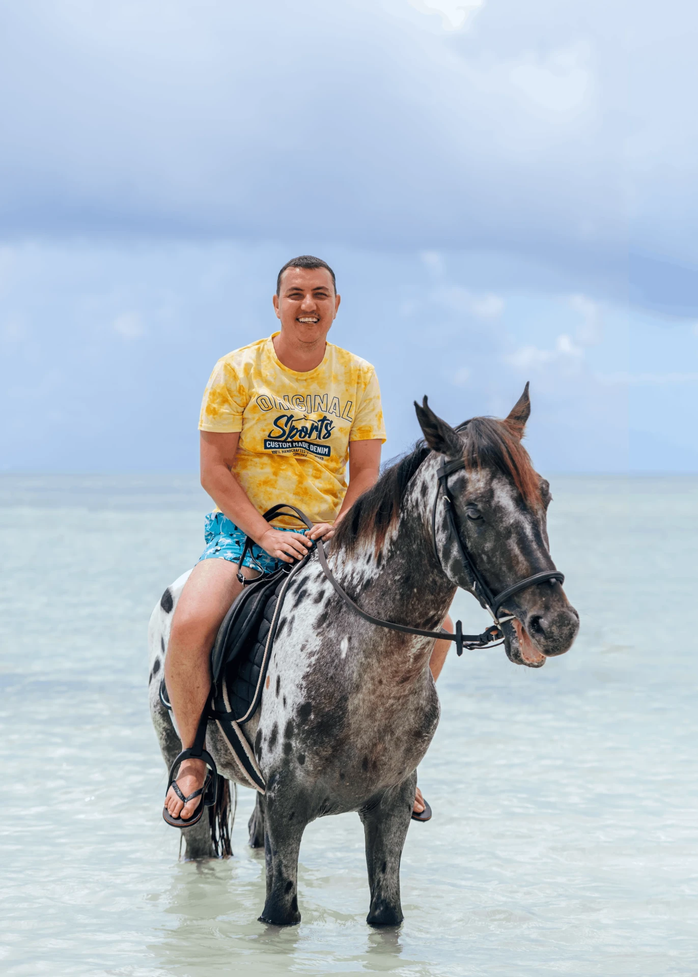 Rider in the shallows on a spotted horse, horse riding photography in Zanzibar